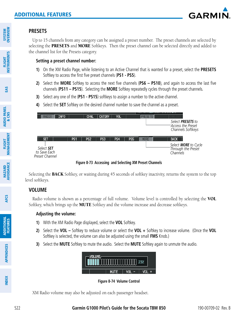 Additional features, Presets, Volume | Garmin G1000 Socata TBM 850 User Manual | Page 536 / 600