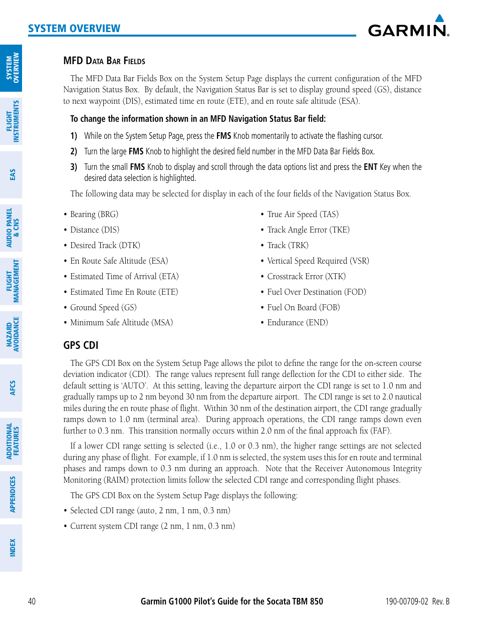 System overview, Mfd d, Gps cdi | Garmin G1000 Socata TBM 850 User Manual | Page 54 / 600