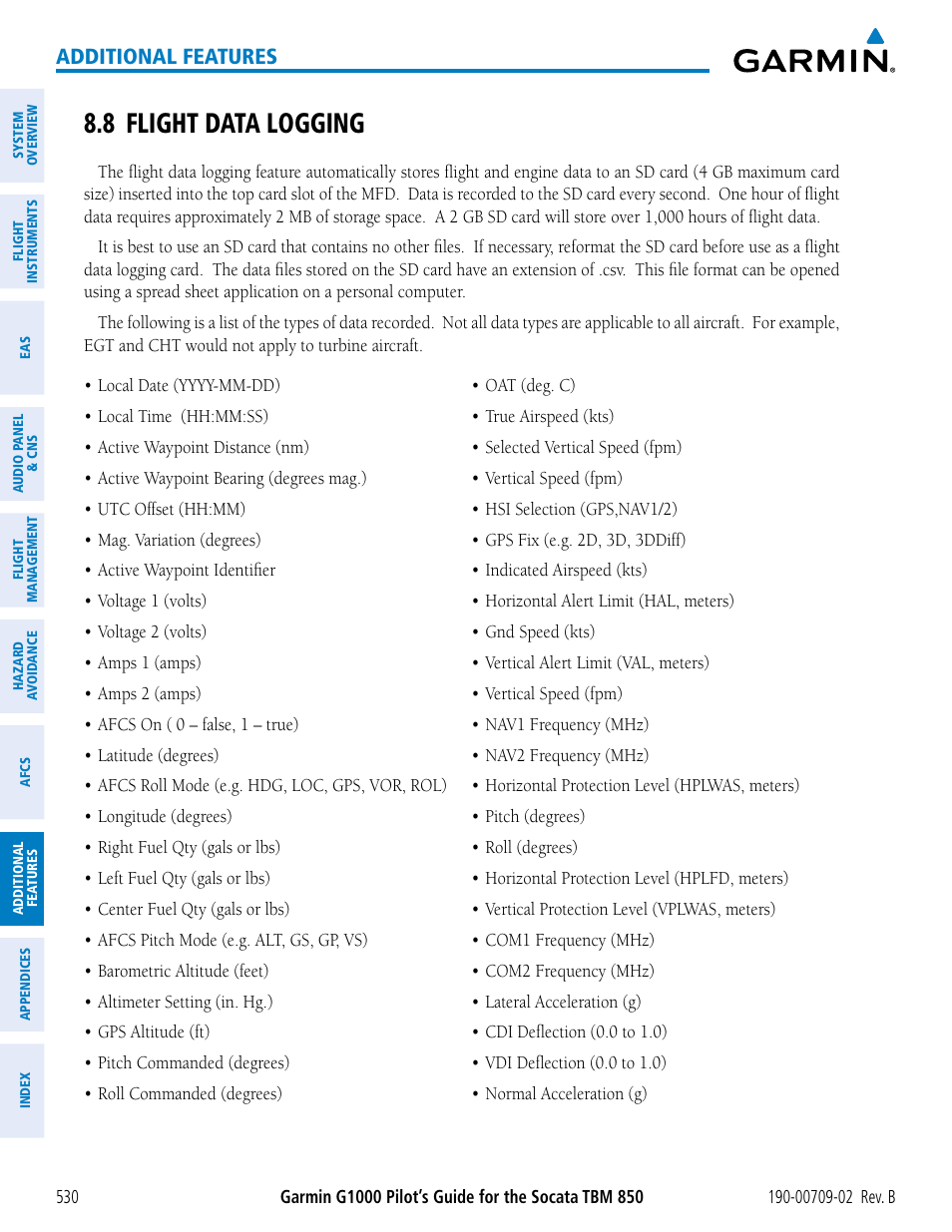 8 flight data logging, Additional features | Garmin G1000 Socata TBM 850 User Manual | Page 544 / 600