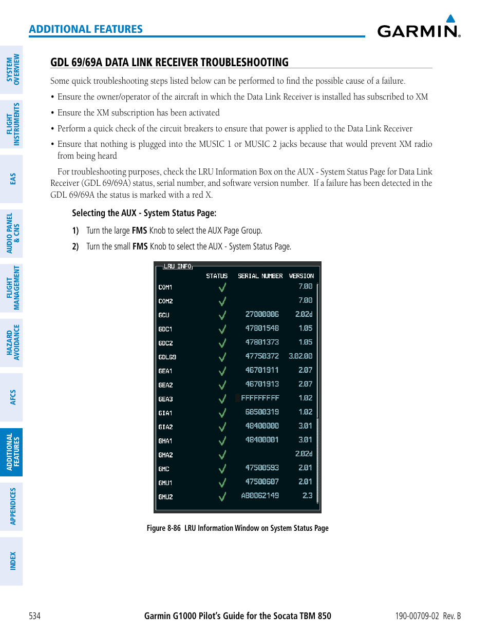 Gdl 69/69a data link receiver troubleshooting, Additional features | Garmin G1000 Socata TBM 850 User Manual | Page 548 / 600