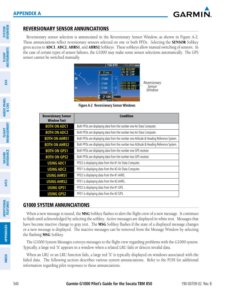 Reversionary sensor annunciations, G1000 system annunciations, Appendix a | Garmin G1000 Socata TBM 850 User Manual | Page 554 / 600