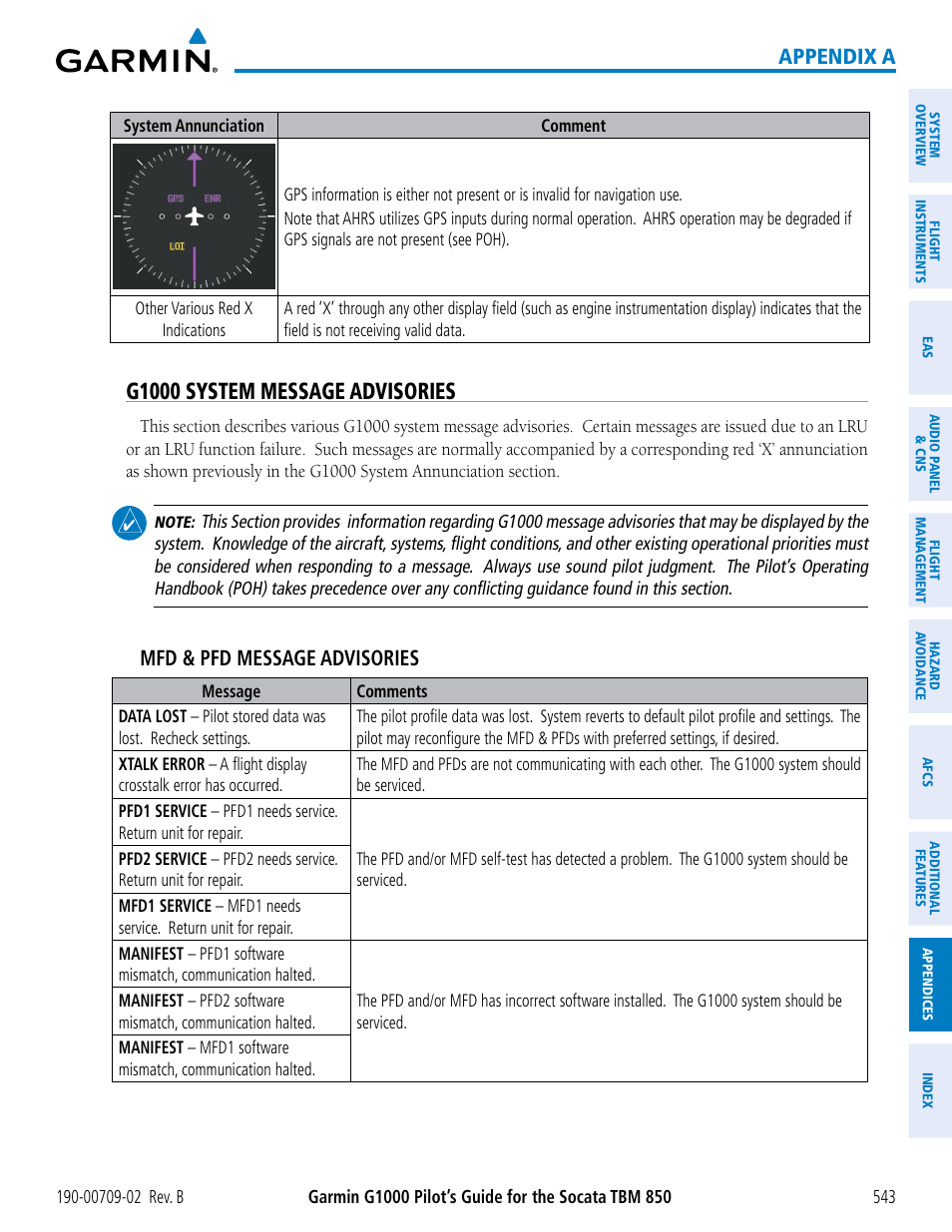 G1000 system message advisories, Appendix a, Mfd & pfd message advisories | Garmin G1000 Socata TBM 850 User Manual | Page 557 / 600