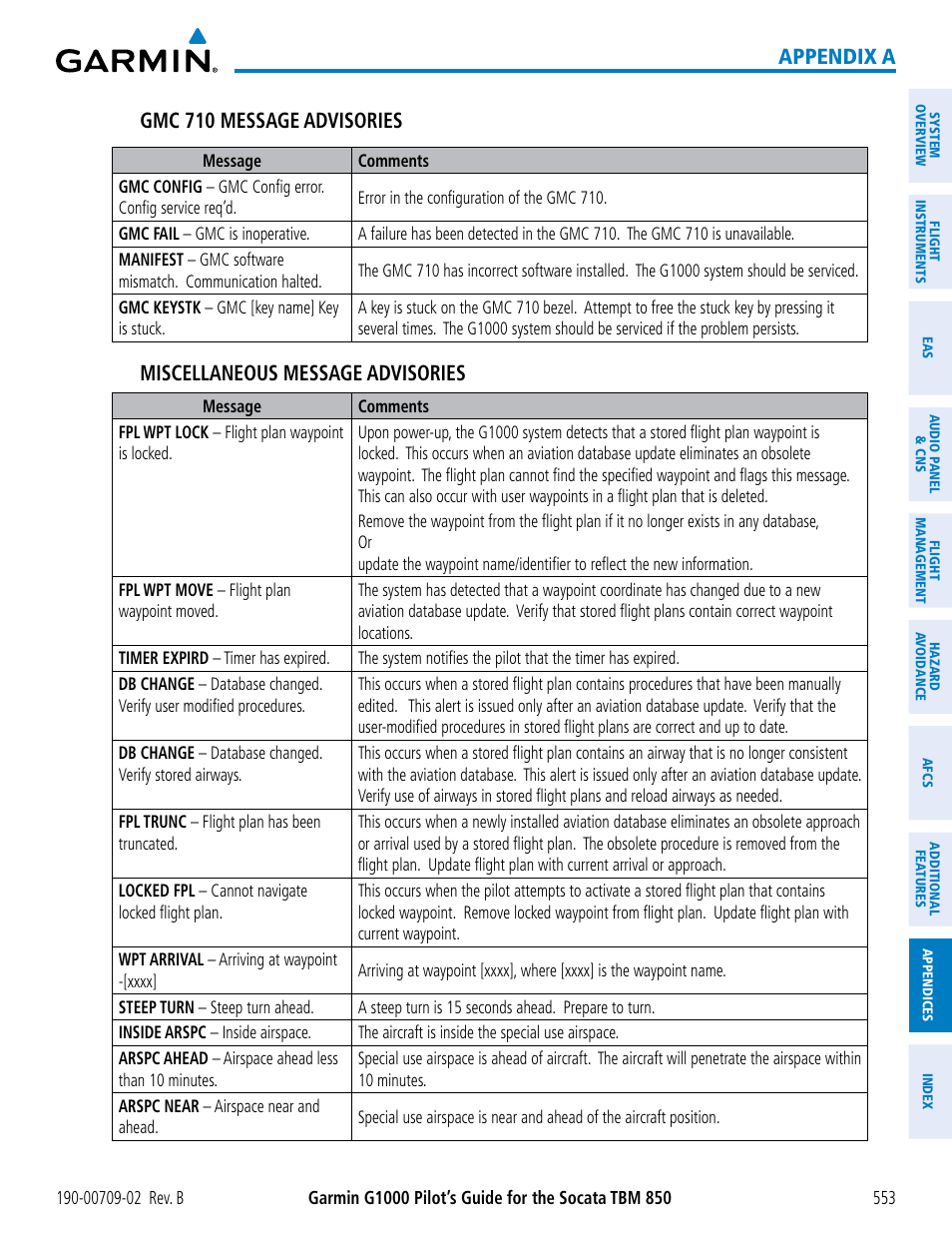 Appendix a gmc 710 message advisories, Miscellaneous message advisories | Garmin G1000 Socata TBM 850 User Manual | Page 567 / 600