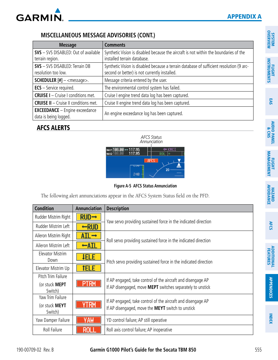 Afcs alerts | Garmin G1000 Socata TBM 850 User Manual | Page 569 / 600