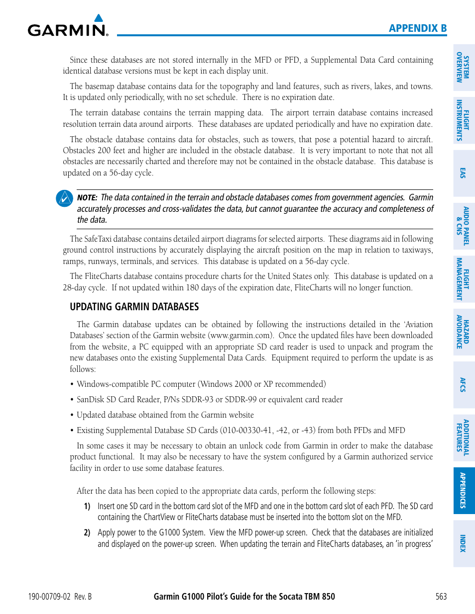 Appendix b, Updating garmin databases | Garmin G1000 Socata TBM 850 User Manual | Page 577 / 600