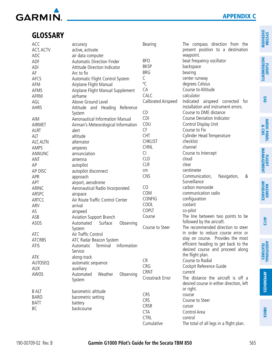 Glossary, Appendix c | Garmin G1000 Socata TBM 850 User Manual | Page 579 / 600