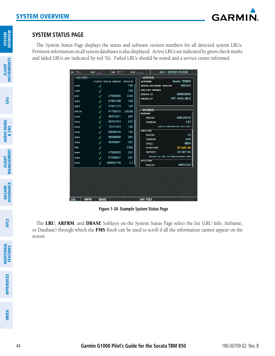 System overview, System status page | Garmin G1000 Socata TBM 850 User Manual | Page 58 / 600