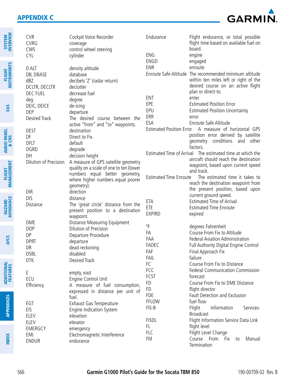 Appendix c | Garmin G1000 Socata TBM 850 User Manual | Page 580 / 600