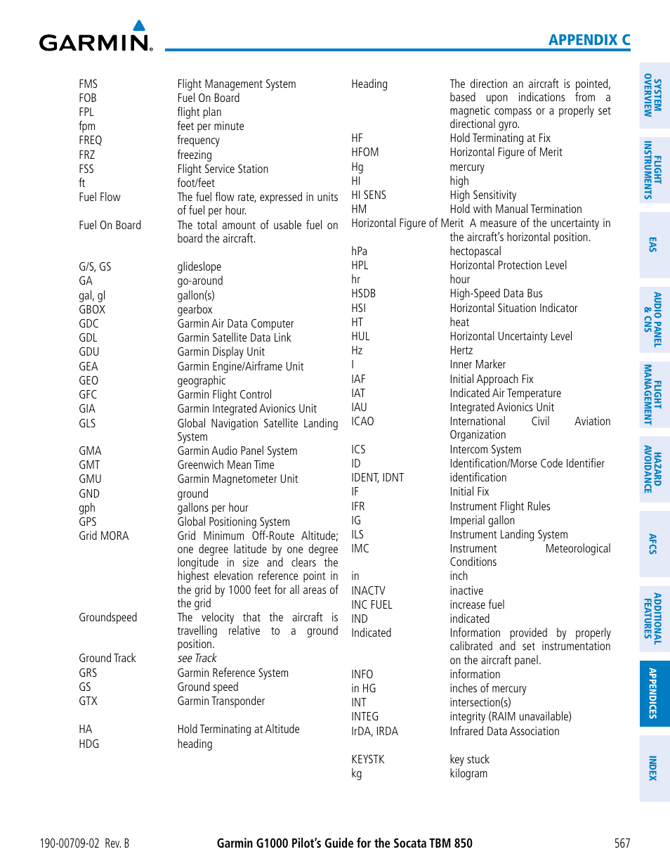 Appendix c | Garmin G1000 Socata TBM 850 User Manual | Page 581 / 600