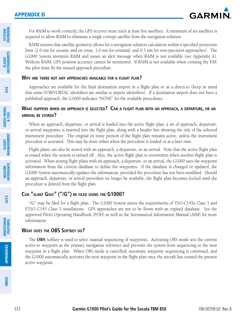 Appendix d, G1000, Obs s | Garmin G1000 Socata TBM 850 User Manual | Page 586 / 600