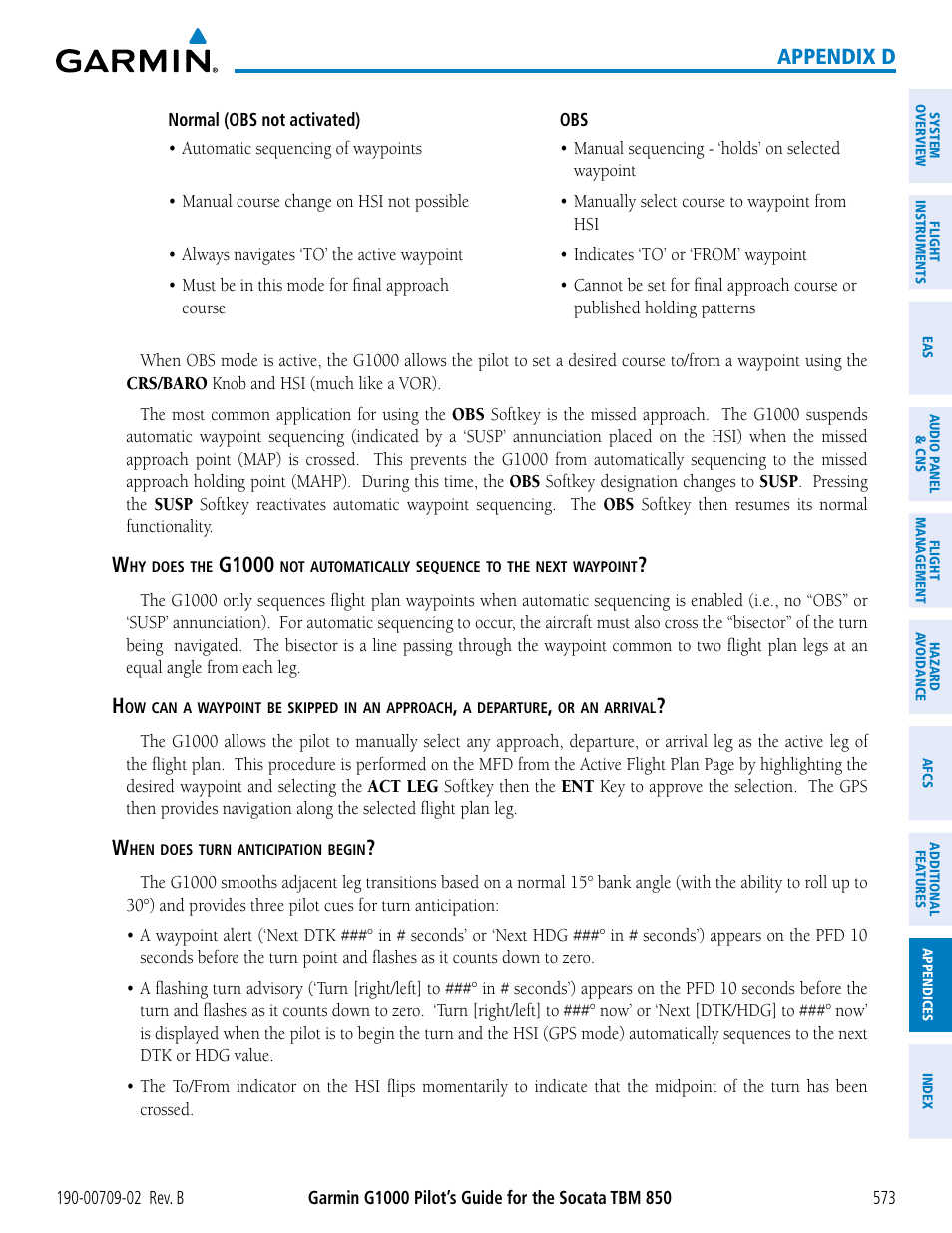 Appendix d, G1000 | Garmin G1000 Socata TBM 850 User Manual | Page 587 / 600