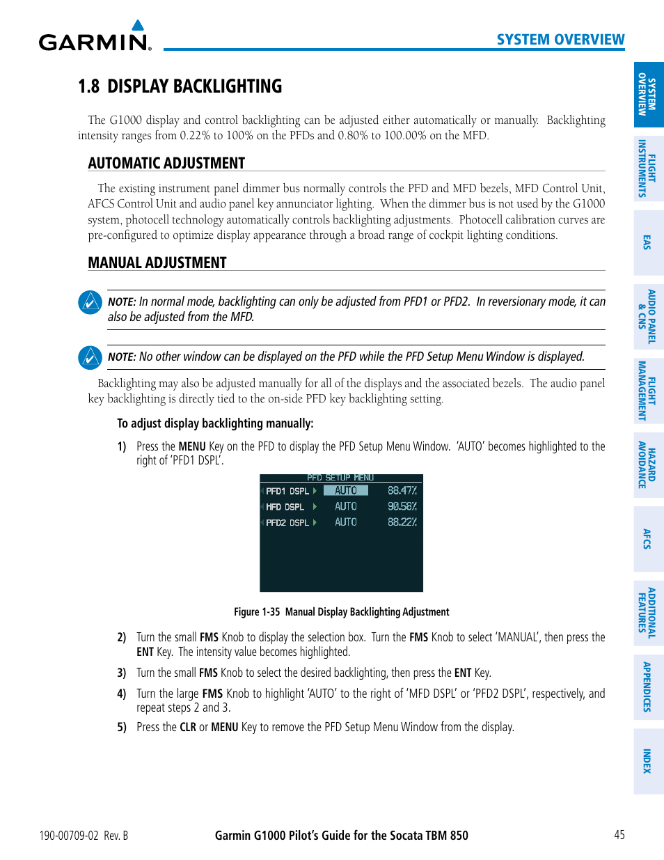 8 display backlighting, Automatic adjustment, Manual adjustment | System overview | Garmin G1000 Socata TBM 850 User Manual | Page 59 / 600