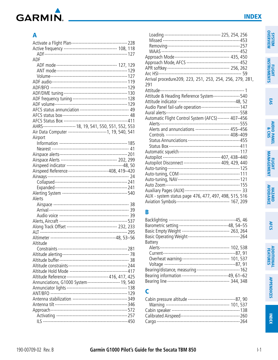 Index | Garmin G1000 Socata TBM 850 User Manual | Page 593 / 600