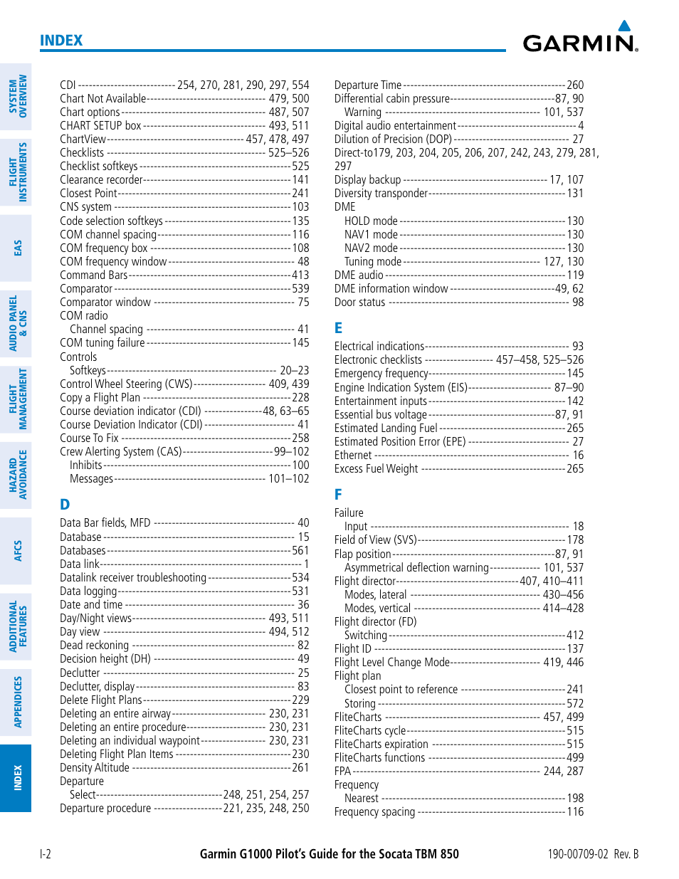 Index | Garmin G1000 Socata TBM 850 User Manual | Page 594 / 600