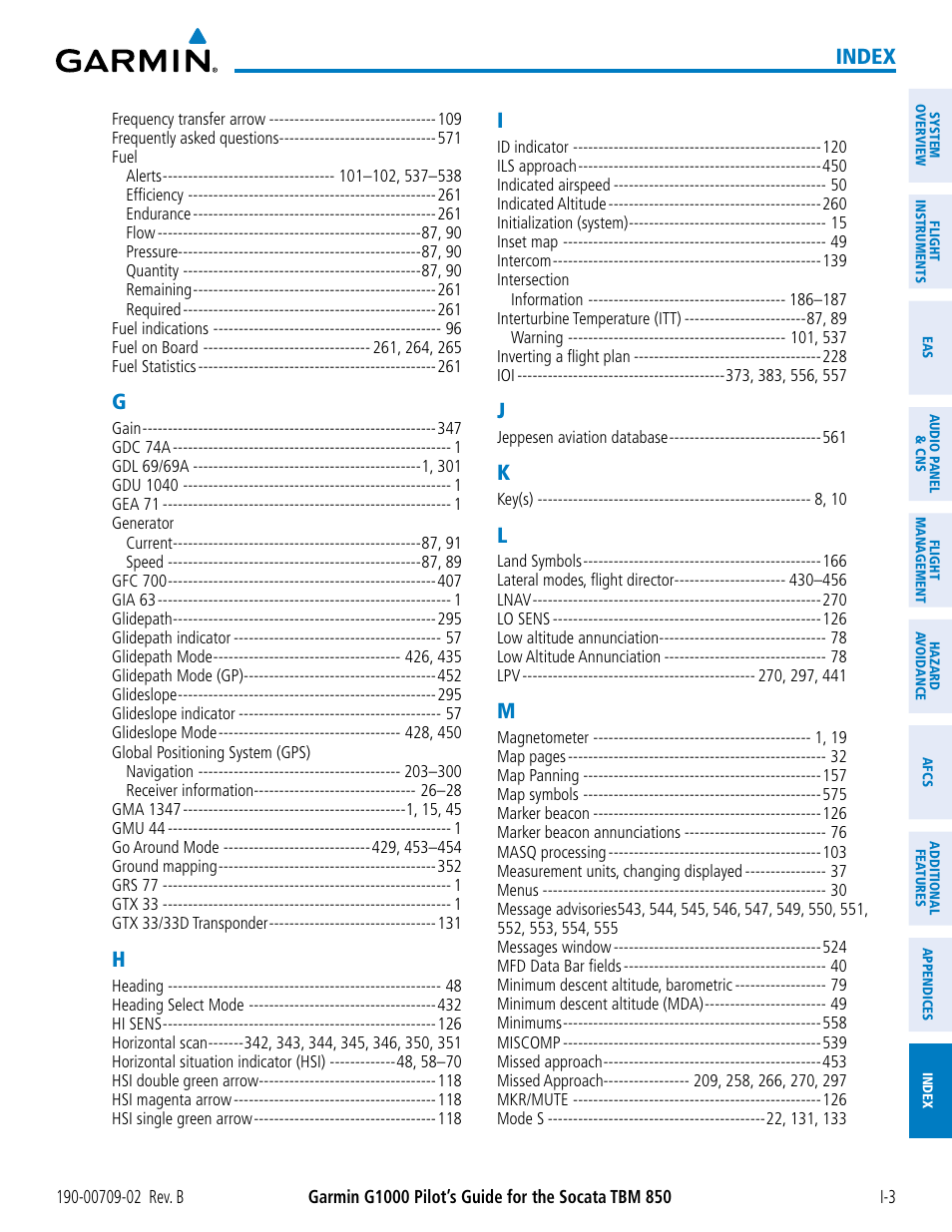 Index | Garmin G1000 Socata TBM 850 User Manual | Page 595 / 600