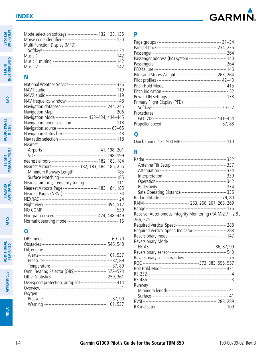 Index | Garmin G1000 Socata TBM 850 User Manual | Page 596 / 600