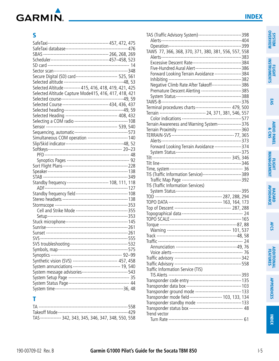 Index | Garmin G1000 Socata TBM 850 User Manual | Page 597 / 600