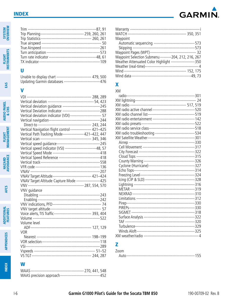 Index | Garmin G1000 Socata TBM 850 User Manual | Page 598 / 600