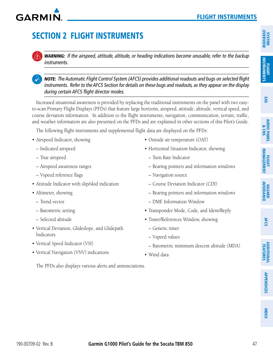 Section 2 flight instruments, Flight instruments | Garmin G1000 Socata TBM 850 User Manual | Page 61 / 600