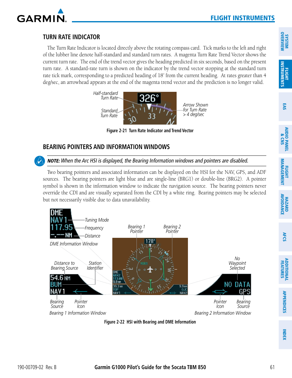 Flight instruments, Turn rate indicator, Bearing pointers and information windows | Garmin G1000 Socata TBM 850 User Manual | Page 75 / 600