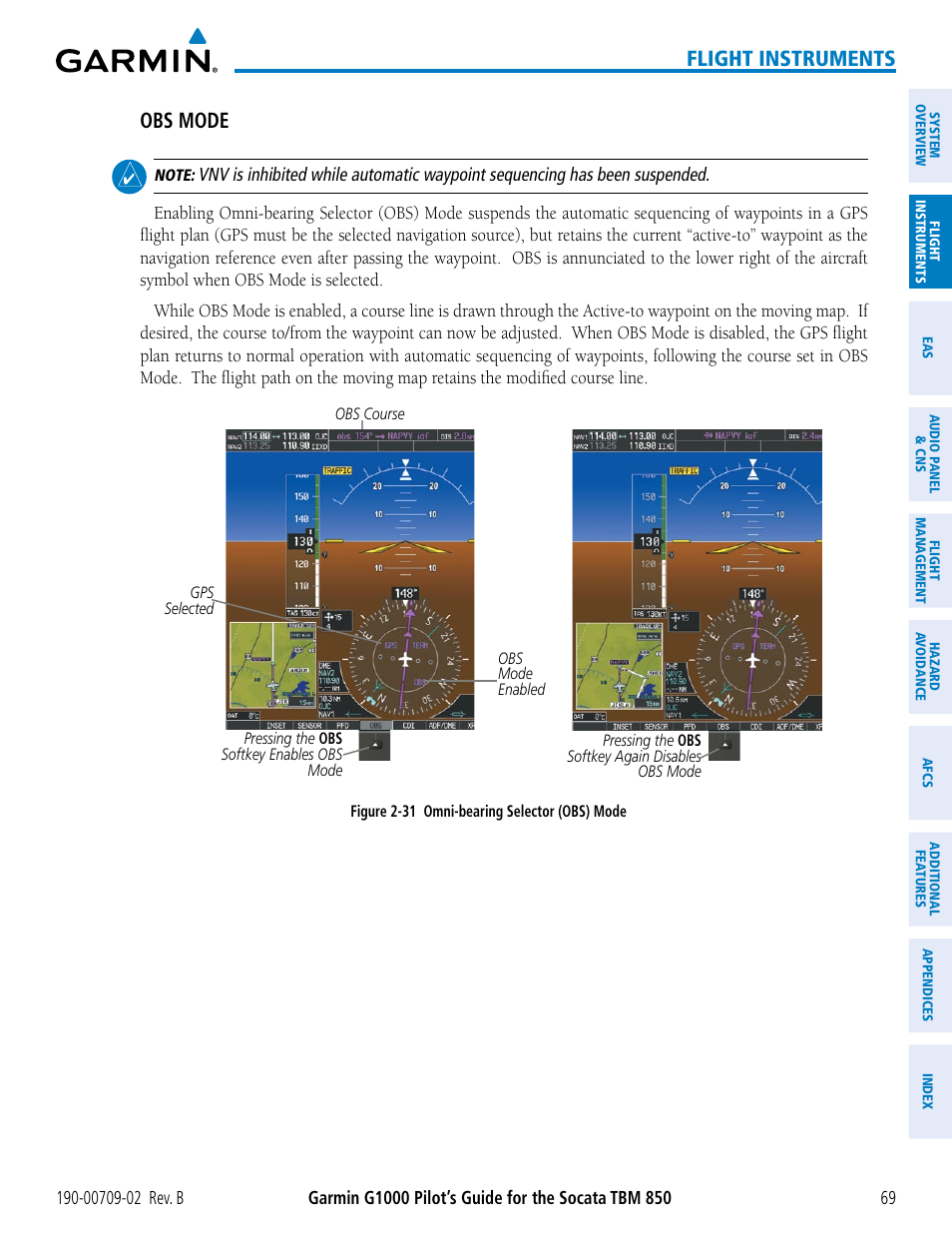 Flight instruments, Obs mode | Garmin G1000 Socata TBM 850 User Manual | Page 83 / 600