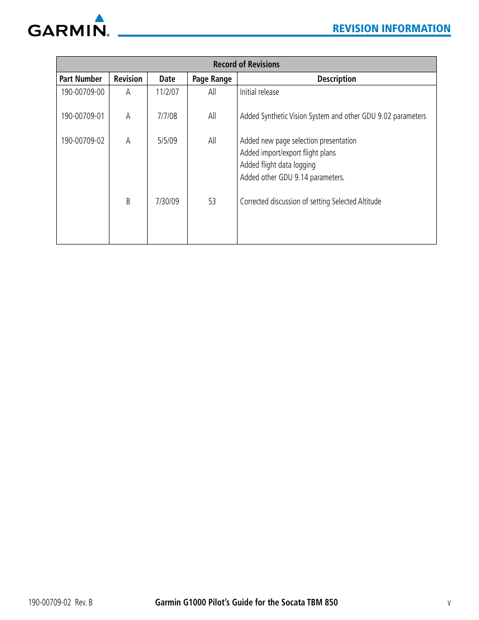 Revision information | Garmin G1000 Socata TBM 850 User Manual | Page 9 / 600