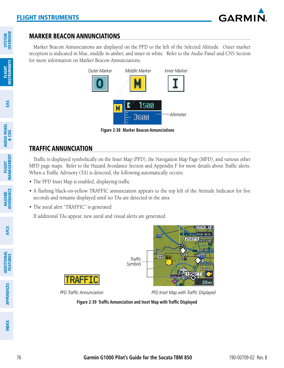 Marker beacon annunciations, Traffic annunciation, Flight instruments | Garmin G1000 Socata TBM 850 User Manual | Page 90 / 600