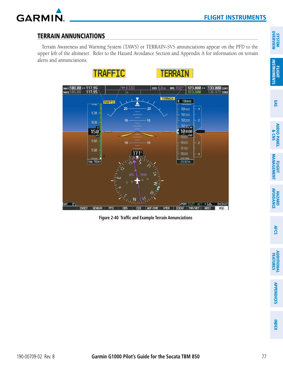 Terrain annunciations, Flight instruments | Garmin G1000 Socata TBM 850 User Manual | Page 91 / 600