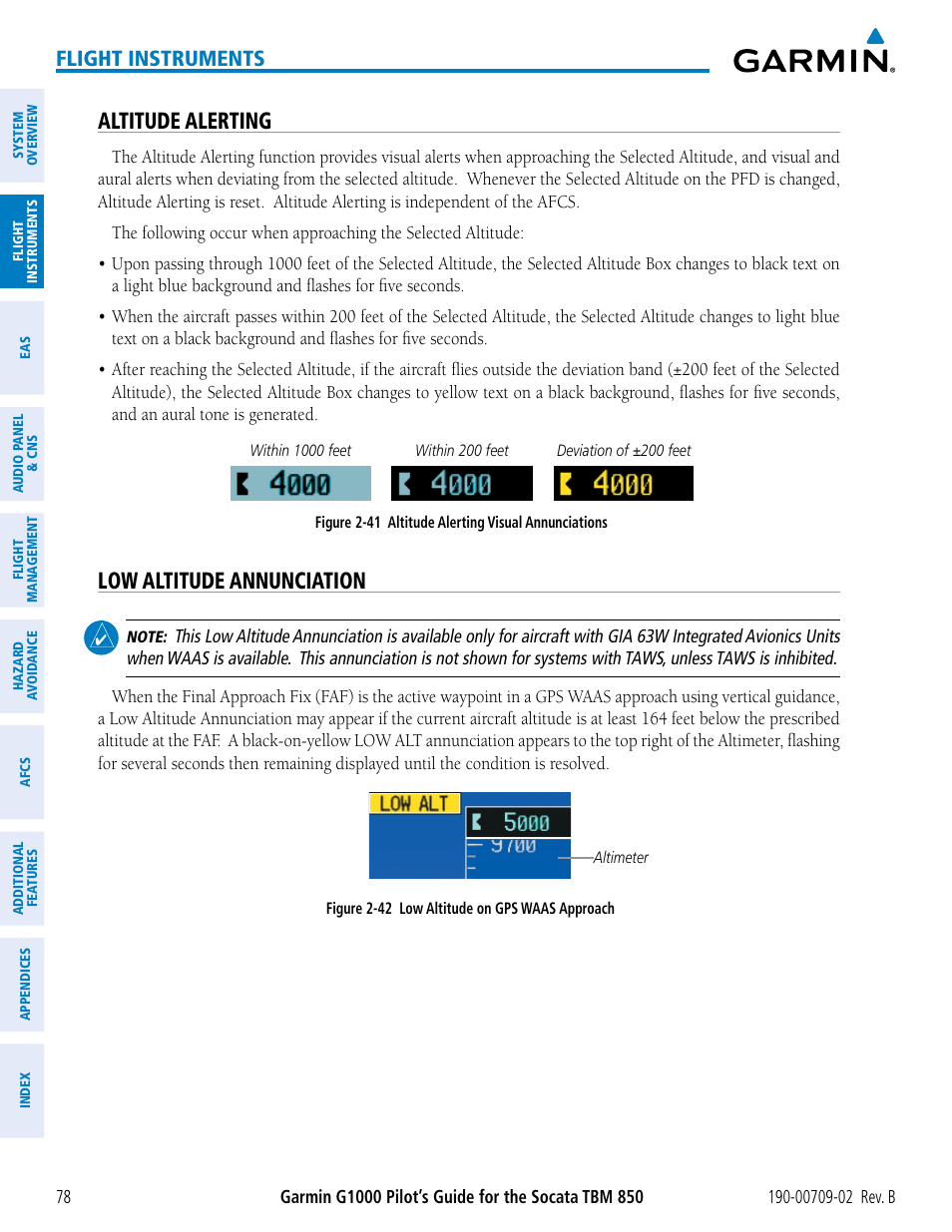 Altitude alerting, Low altitude annunciation, Flight instruments | Garmin G1000 Socata TBM 850 User Manual | Page 92 / 600