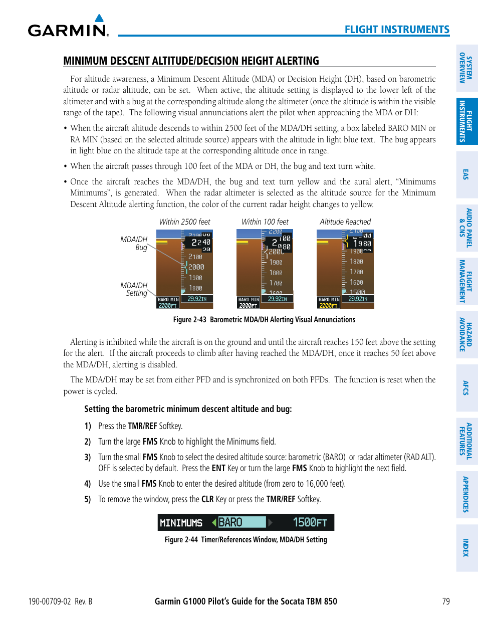 Minimum descent altitude/decision height alerting, Flight instruments | Garmin G1000 Socata TBM 850 User Manual | Page 93 / 600