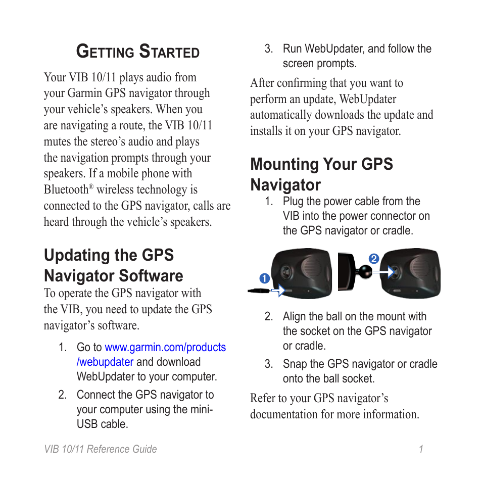 Getting started, Updating the gps navigator software, Mounting your gps navigator | Garmin VIB 10 User Manual | Page 3 / 8