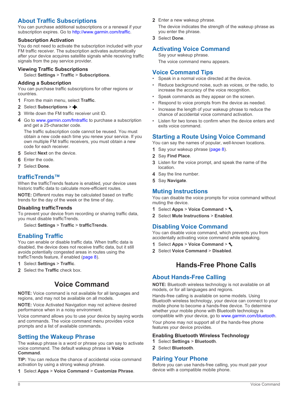 About traffic subscriptions, Subscription activation, Viewing traffic subscriptions | Adding a subscription, Traffictrends, Disabling traffictrends, Enabling traffic, Voice command, Setting the wakeup phrase, Activating voice command | Garmin nuvi 2598LMTHD User Manual | Page 12 / 22