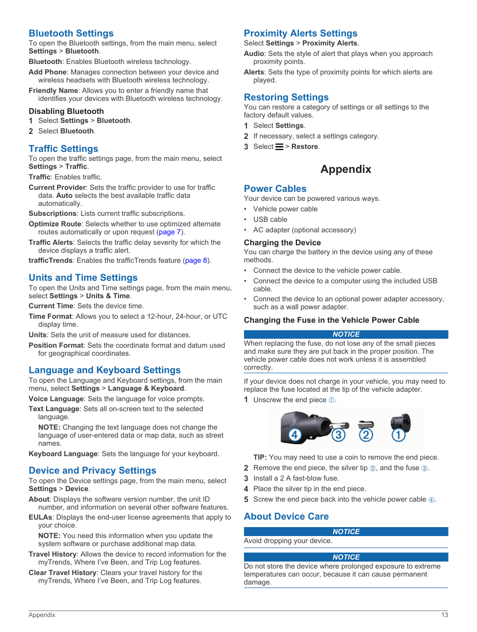 Bluetooth settings, Disabling bluetooth, Traffic settings | Units and time settings, Language and keyboard settings, Device and privacy settings, Proximity alerts settings, Restoring settings, Appendix, Power cables | Garmin nuvi 2598LMTHD User Manual | Page 17 / 22