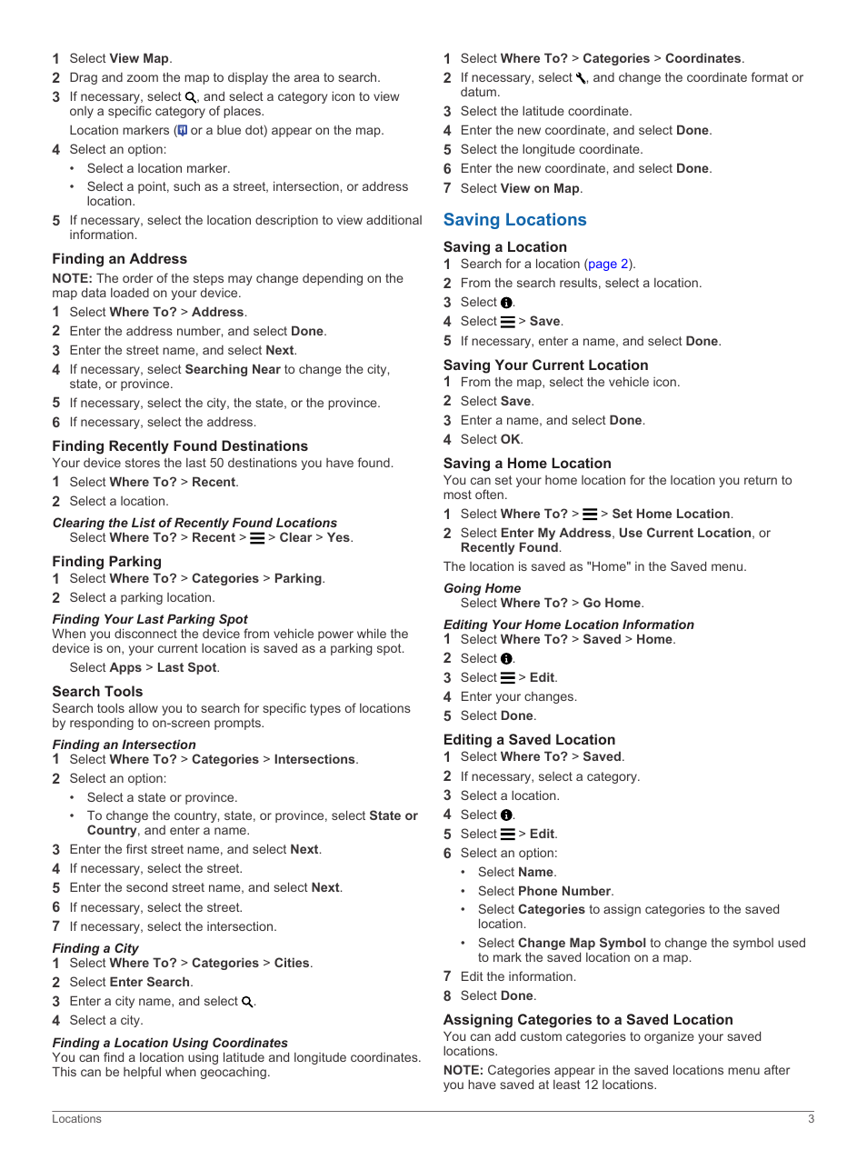 Finding an address, Finding recently found destinations, Clearing the list of recently found locations | Finding parking, Finding your last parking spot, Search tools, Finding an intersection, Finding a city, Finding a location using coordinates, Saving locations | Garmin nuvi 2598LMTHD User Manual | Page 7 / 22