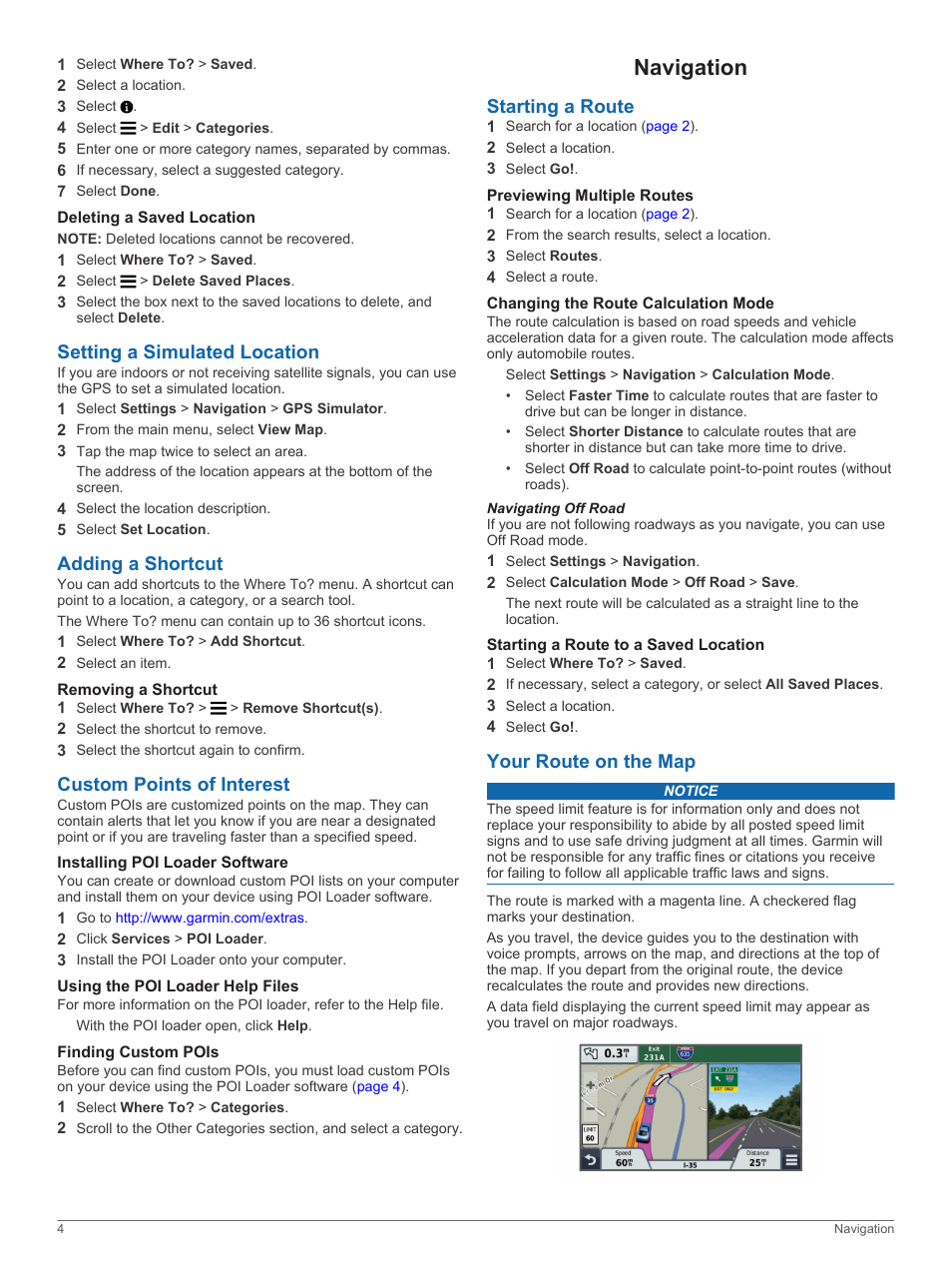 Deleting a saved location, Setting a simulated location, Adding a shortcut | Removing a shortcut, Custom points of interest, Installing poi loader software, Using the poi loader help files, Finding custom pois, Navigation, Starting a route | Garmin nuvi 2598LMTHD User Manual | Page 8 / 22