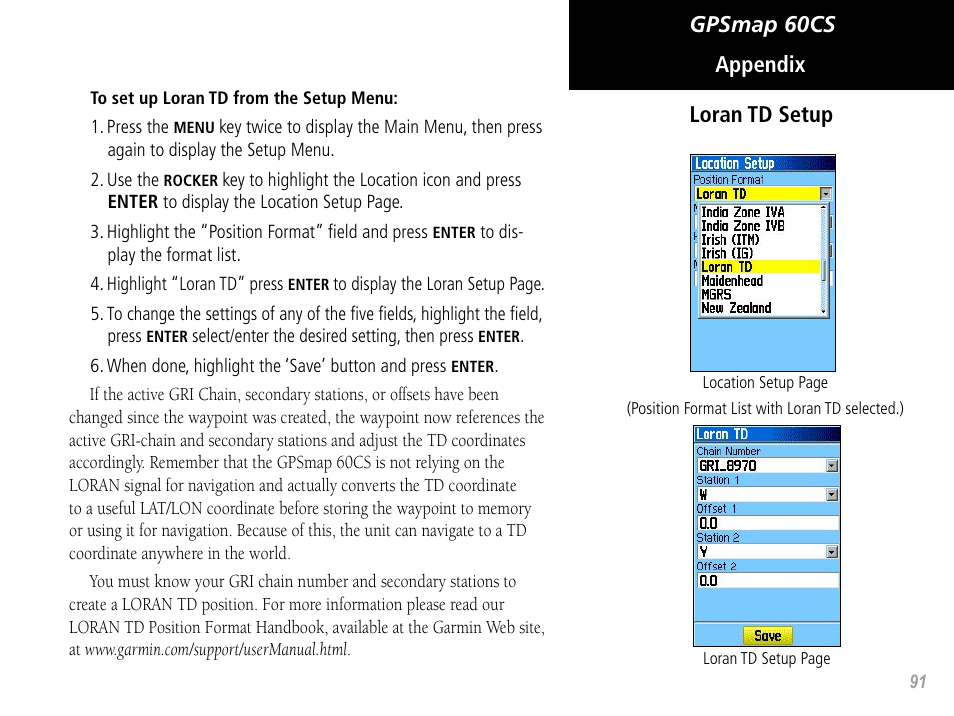 Gpsmap 60cs appendix loran td setup | Garmin GPSMAP 60CS User Manual | Page 101 / 108