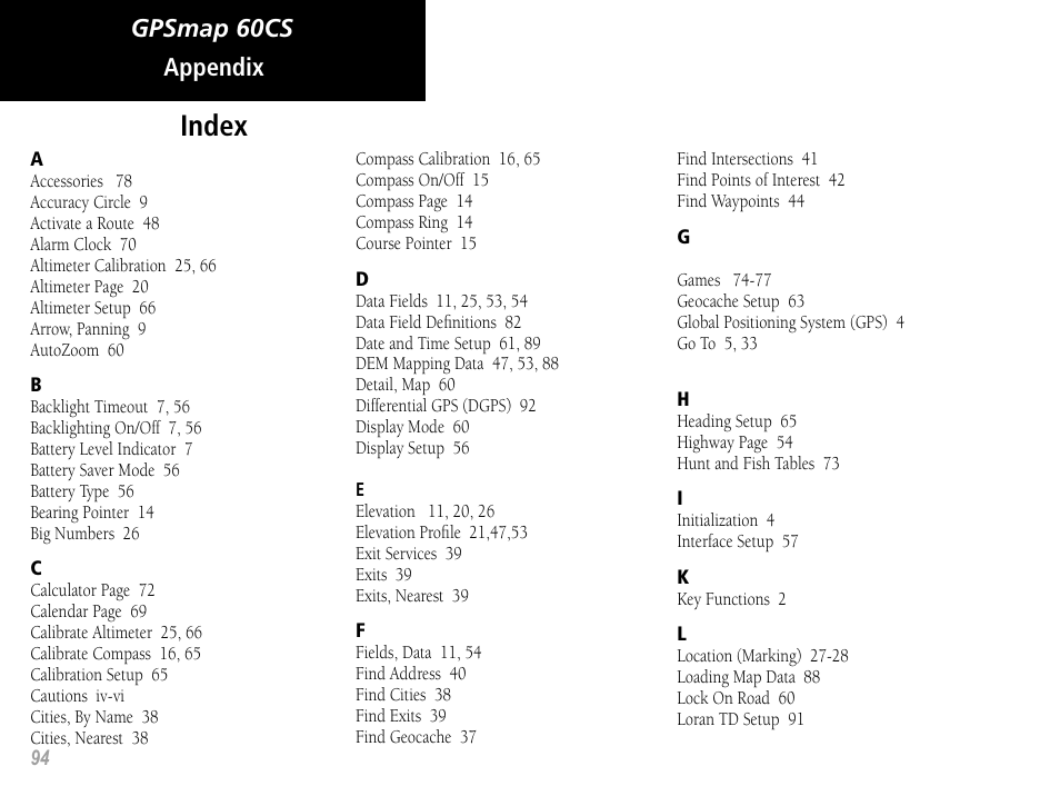 Index, Gpsmap 60cs appendix | Garmin GPSMAP 60CS User Manual | Page 104 / 108