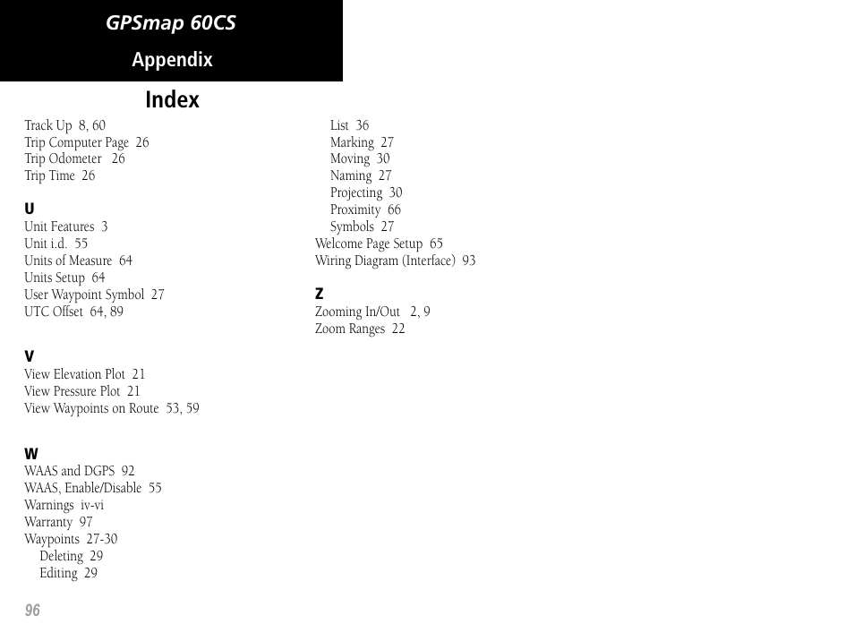 Index | Garmin GPSMAP 60CS User Manual | Page 106 / 108