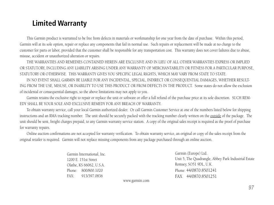 Limited warranty | Garmin GPSMAP 60CS User Manual | Page 107 / 108