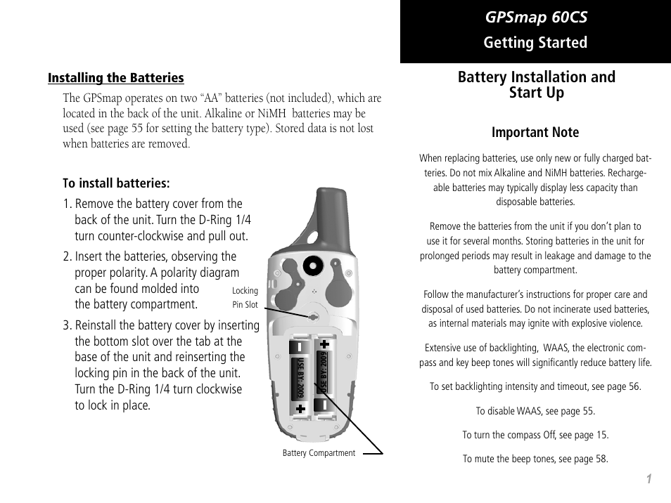 Gpsmap 60cs, Battery installation and start up, Getting started | Garmin GPSMAP 60CS User Manual | Page 11 / 108