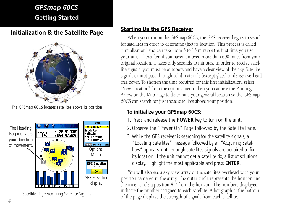 Gpsmap 60cs getting started, Initialization & the satellite page | Garmin GPSMAP 60CS User Manual | Page 14 / 108