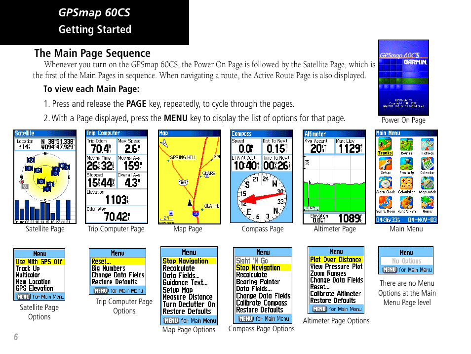 Gpsmap 60cs getting started the main page sequence | Garmin GPSMAP 60CS User Manual | Page 16 / 108