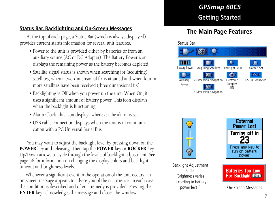 Gpsmap 60cs, Getting started the main page features | Garmin GPSMAP 60CS User Manual | Page 17 / 108