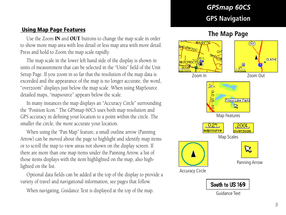 Gpsmap 60cs, Gps navigation the map page | Garmin GPSMAP 60CS User Manual | Page 19 / 108