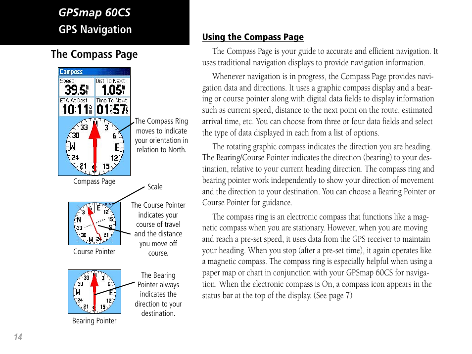 Gpsmap 60cs, Gps navigation the compass page | Garmin GPSMAP 60CS User Manual | Page 24 / 108