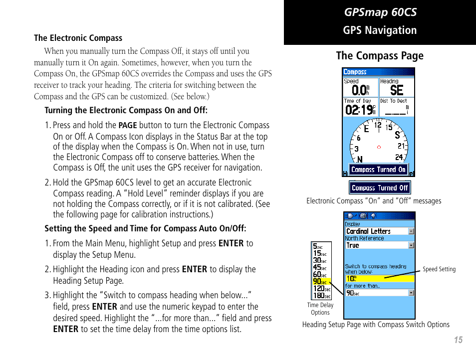 Gpsmap 60cs gps navigation the compass page | Garmin GPSMAP 60CS User Manual | Page 25 / 108