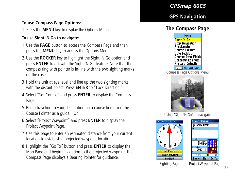 Gpsmap 60cs gps navigation the compass page | Garmin GPSMAP 60CS User Manual | Page 27 / 108