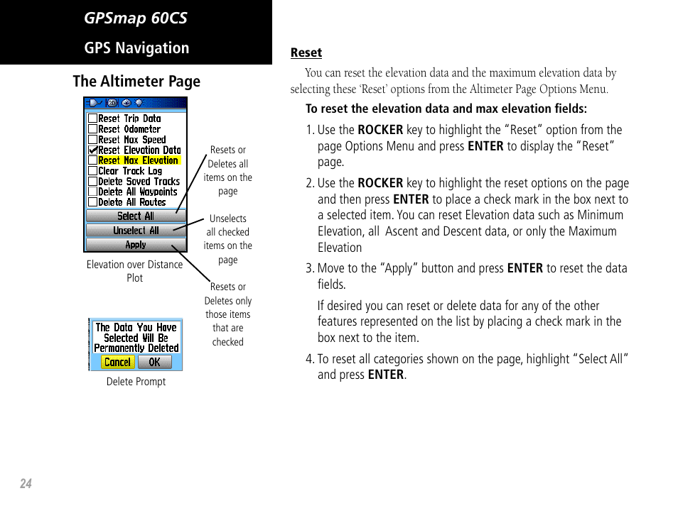 Gpsmap 60cs gps navigation the altimeter page | Garmin GPSMAP 60CS User Manual | Page 34 / 108