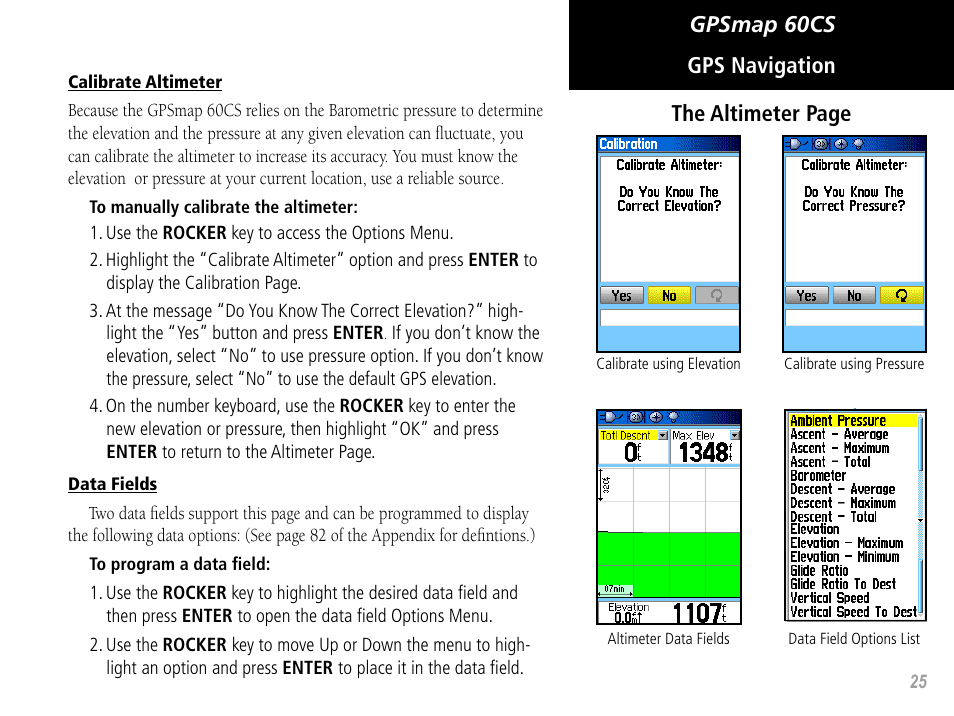 Gpsmap 60cs gps navigation the altimeter page | Garmin GPSMAP 60CS User Manual | Page 35 / 108