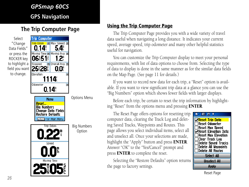 Gpsmap 60cs gps navigation the trip computer page | Garmin GPSMAP 60CS User Manual | Page 36 / 108